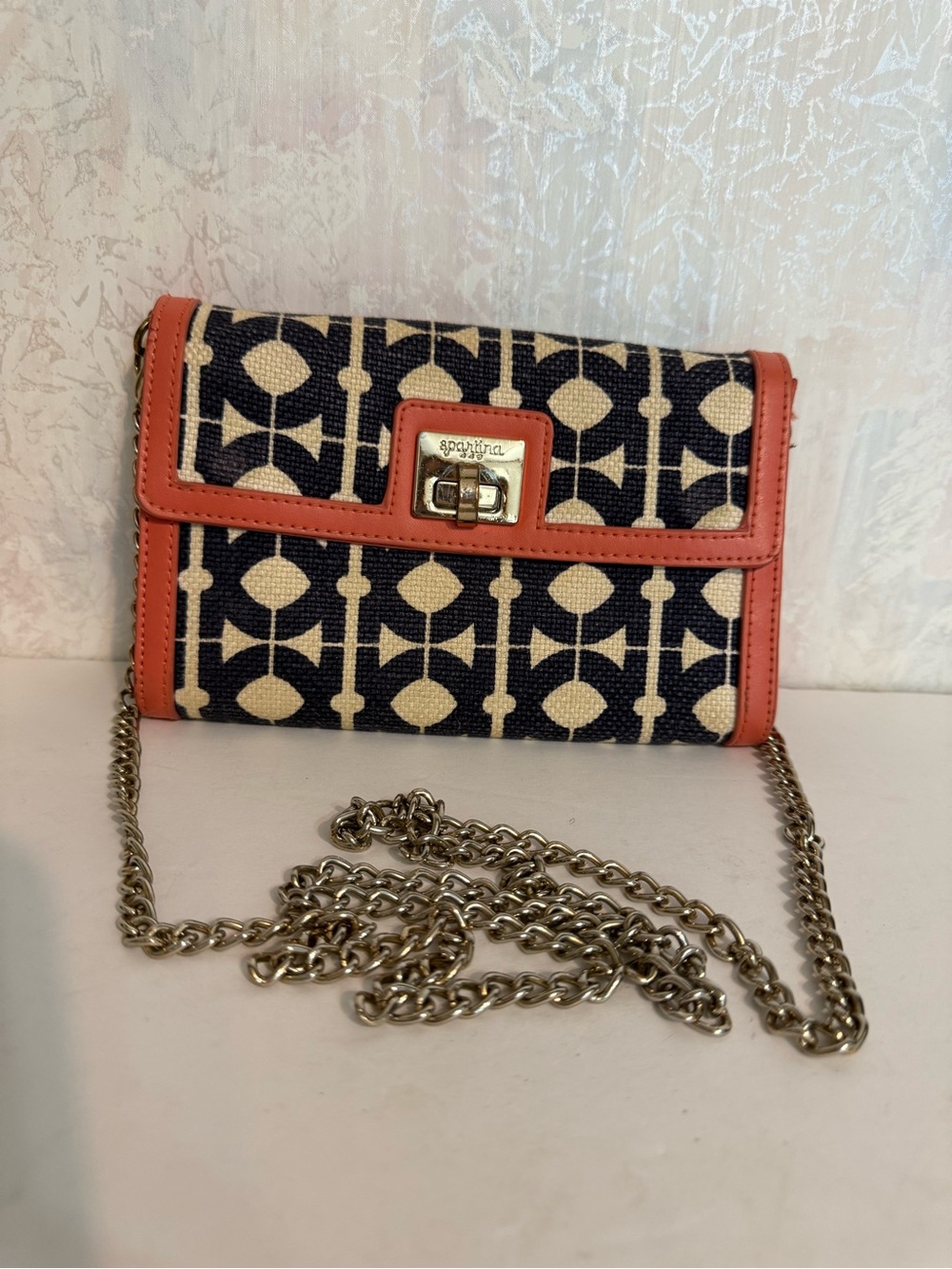 Spartina 449 Navy and‎ Coral Patterned Crossbody Wallet, Linen & Leather